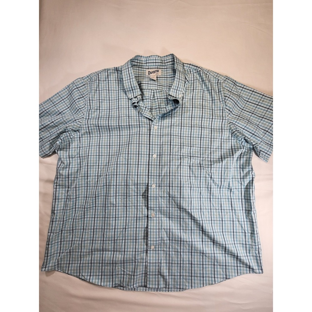 Duluth Trading Co Mens 2XL Relaxed Fit Short Sleeve Plaid Button Down Shirt Blue